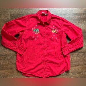 Vintage DISNEY Christmas button down shirt Mickey Pluto holiday cotton sz L EUC